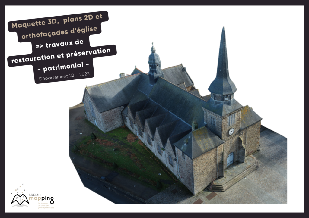 Image de la maquette 3D, des plans 2D et de l'orthofaçades d'une église pour des travaux de restauration et de préservation patrimonial dans le département des Côtes d'Armor. Réalisation en 2023.