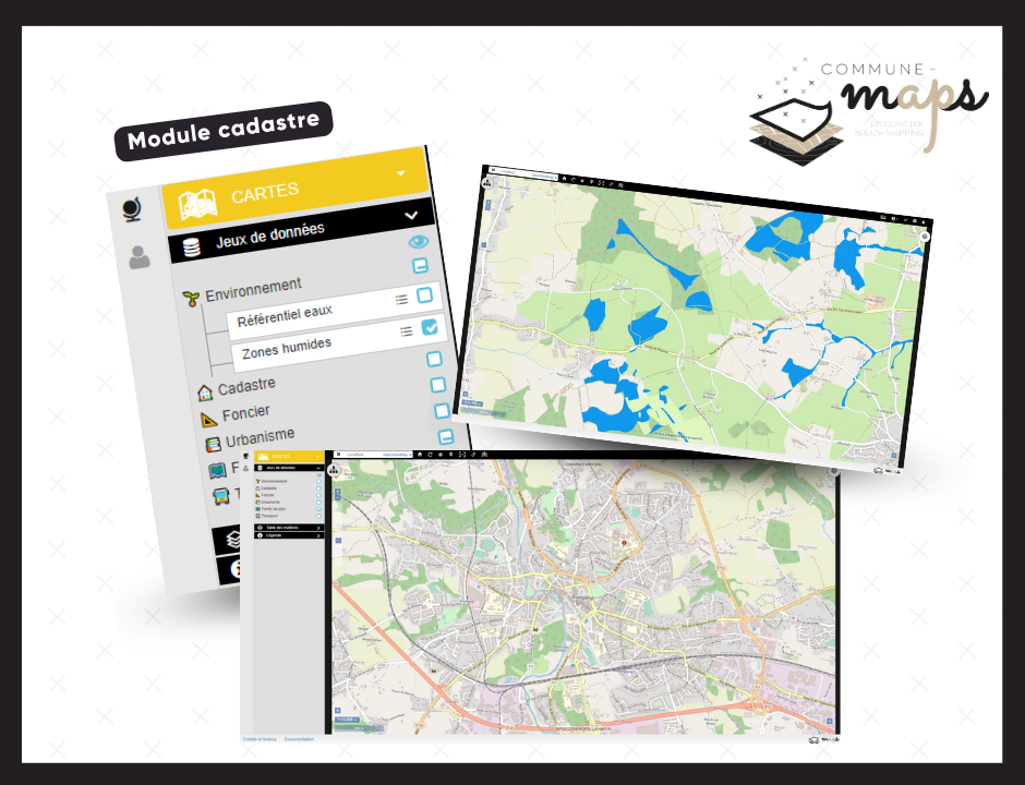 Captures d'écran de l'outil de gestion pour les collectivités : Commune-maps. Module : cadastre, pour visualiser le cadastre des communes et villes.
