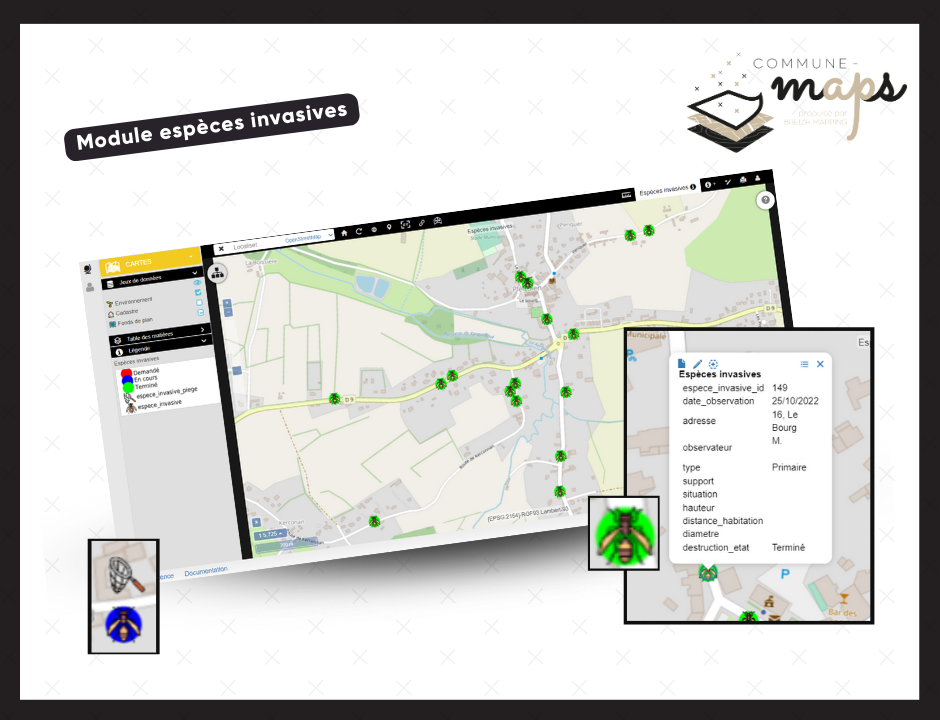 Captures d'écrans de l'outil de gestion pour les collectivités : Commune-maps. Module : espèces invasives, pour lutter contre les nids de frelon.