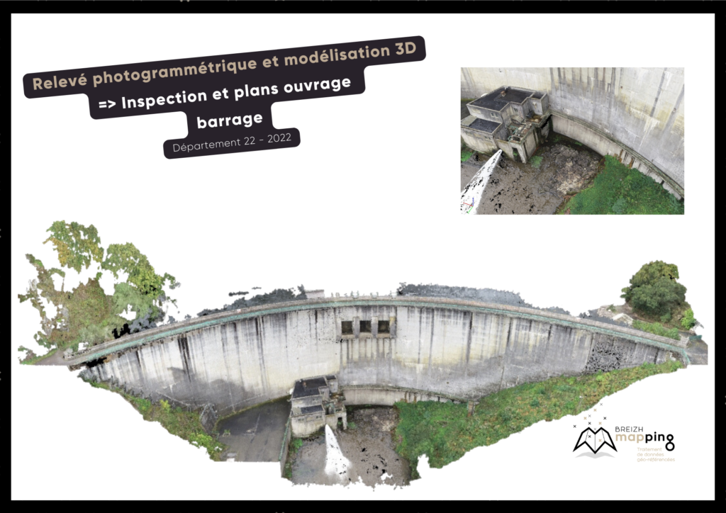 Image d'un relevé photogrammétrique et de la modélisation 3D d'un barrage avec pour objectifs une inspection et des plans d'ouvrage. Relevé réalisé dans le département des Côtes d'Armor en 2022.