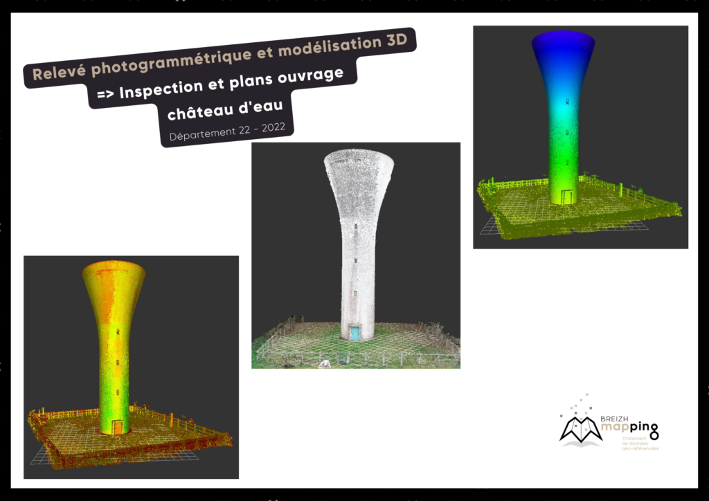 Image du relevé photogrammétrique et de la modélisation 3D d'un château d'eau pour une inspection et des plans. Relevé réalisé dans les Côtes d'Armor en 2022.
Secteurs d'activité