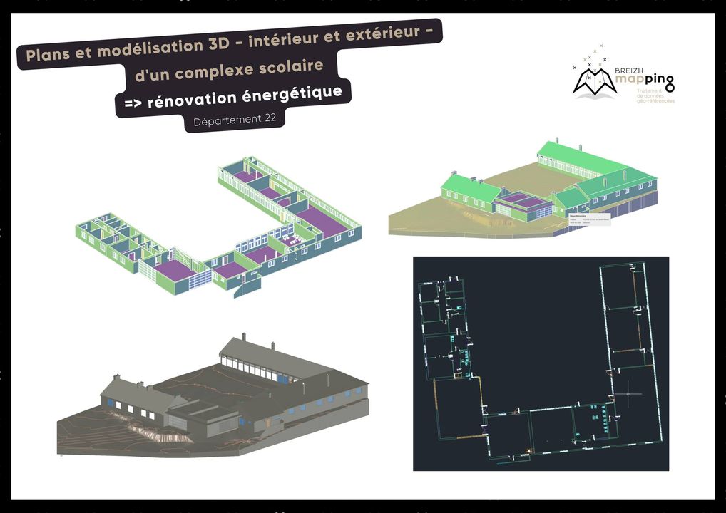 Image de plans et de la modélisation 3D de l'intérieur et de l'extérieur d'un complexe scolaire pour de la rénovation énergétique dans le département des Côtes d'Armor.