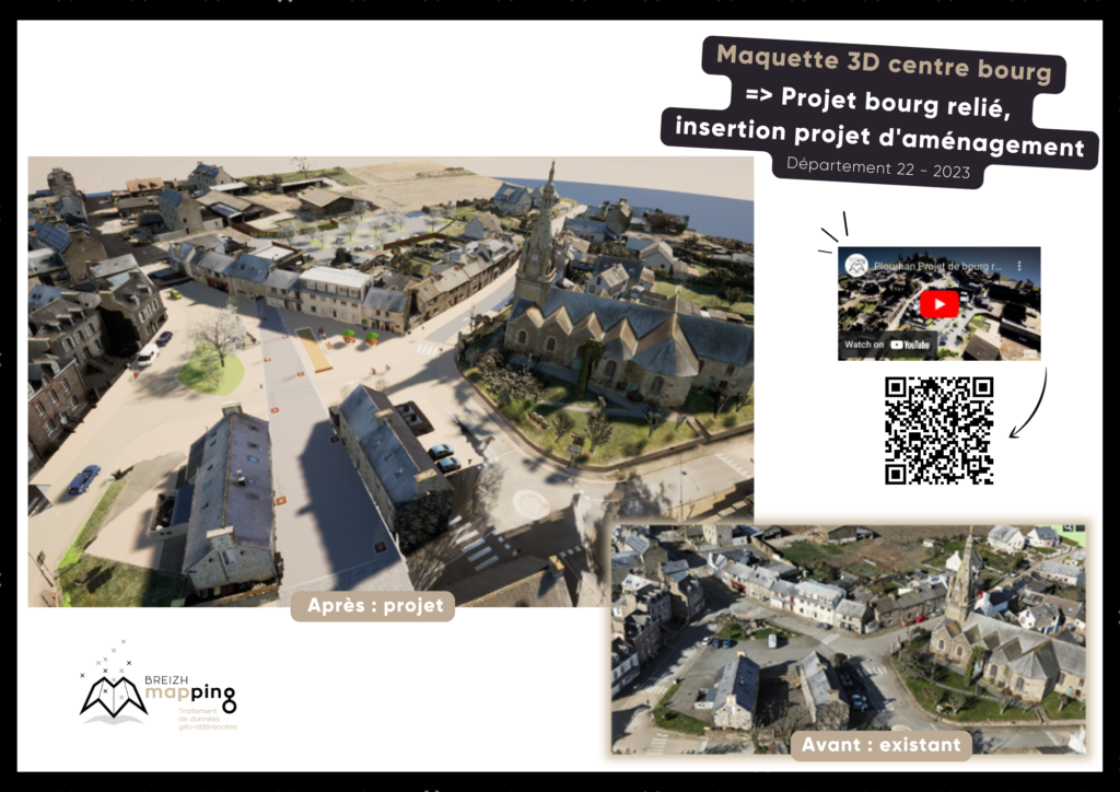 Exemple de maquette 3D de centre bourg dans le cadre d'un projet de bourg relié et de l'insertion d'un projet d'aménagement dans le département du 22